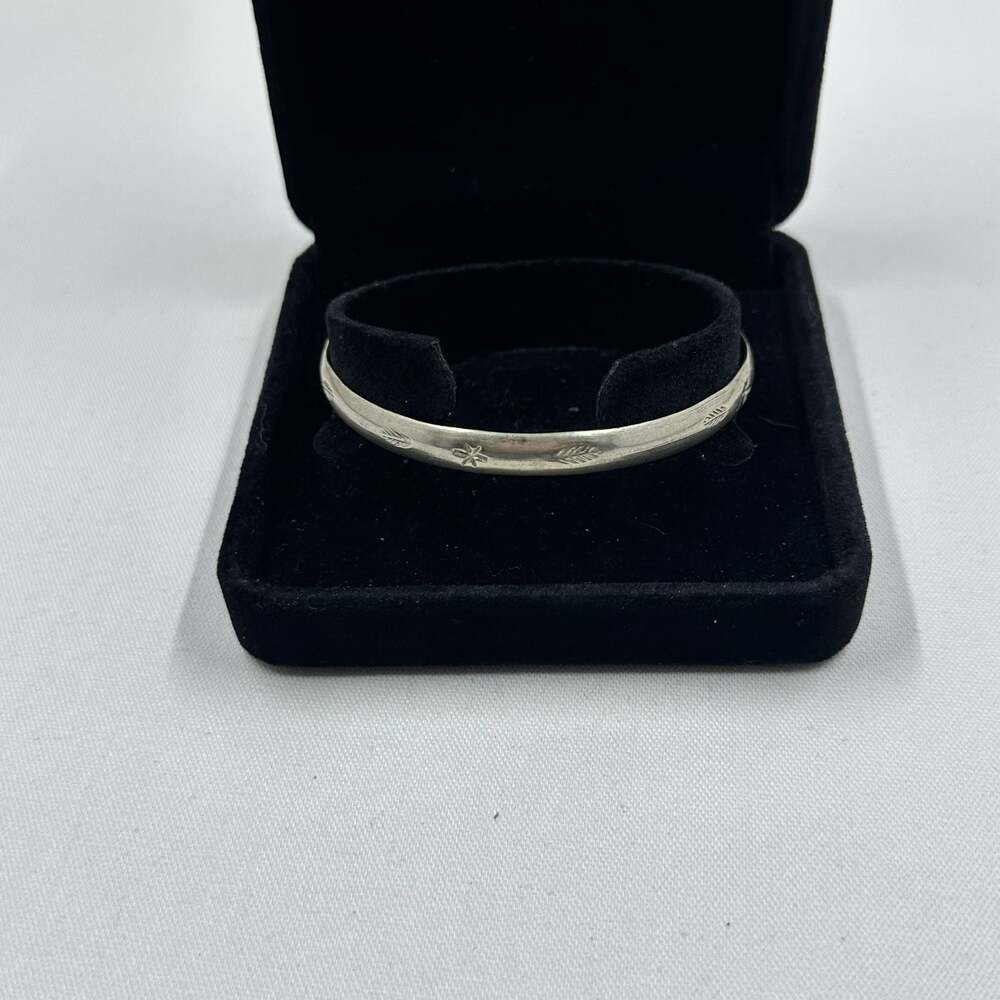 Vintage Mexico Stamped Flower and Leaf Cuff Bracelet Sterling Silver
